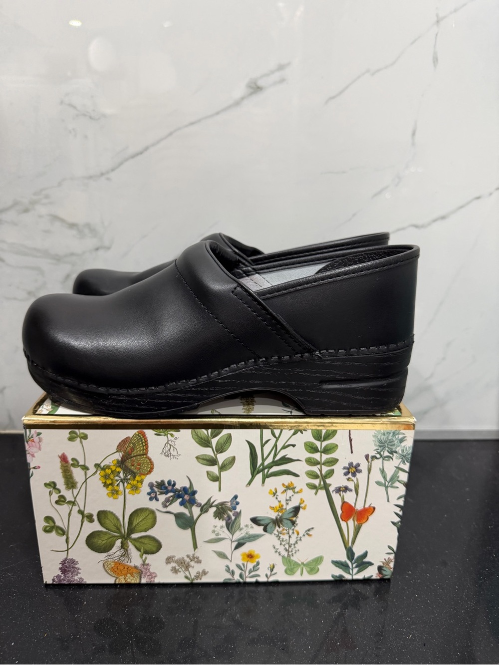 Dansko Black Leather Professional Slip-On Clogs